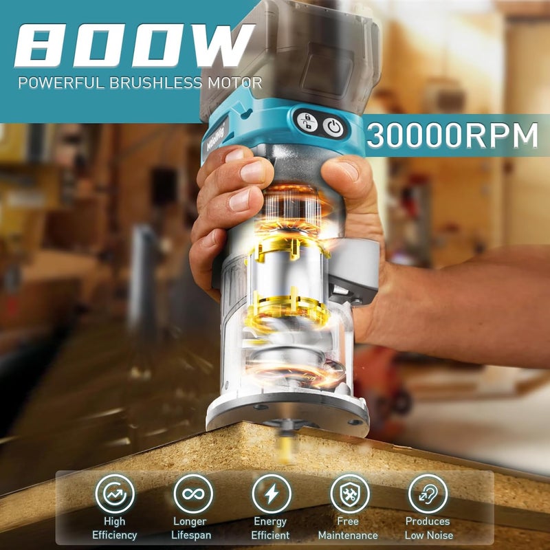 MtiolHig Cordless Compact Router Compatible with Ma-kita Battery (Bare Tool), 6 Variable Speeds Router Tool for Woodworking, 800W Fixed Base Wood Router with Trim Router Bits - Image 2